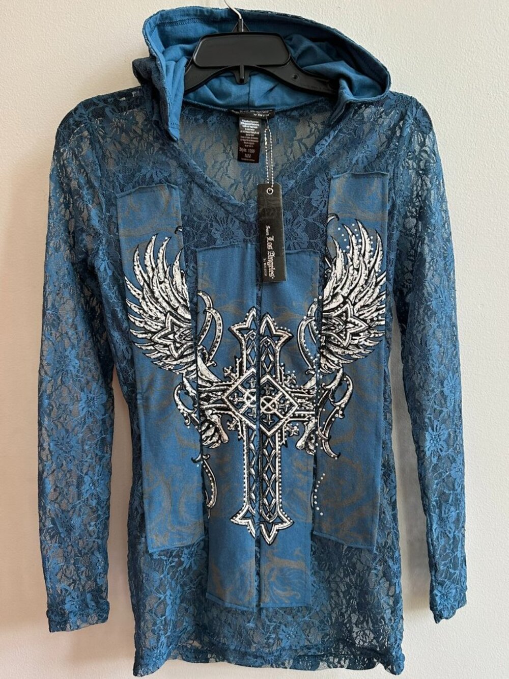 NWT From LA Bus Stop Lace Long sleeve Hoodie Wing Cross Rhinestone Medium Top